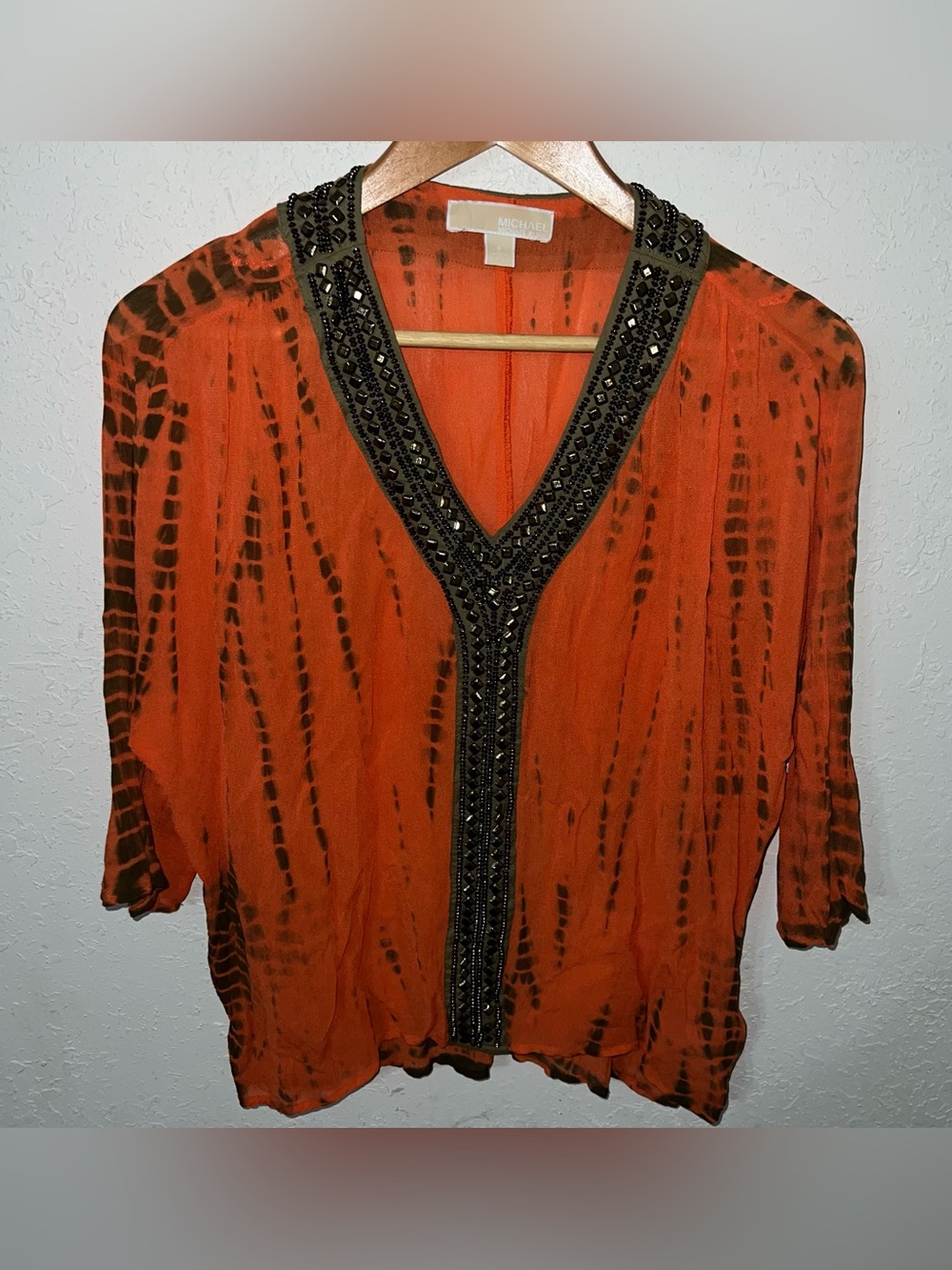 Michael Kors Orange and Brown Semi Sheer Bead Embellished Top Size Small.